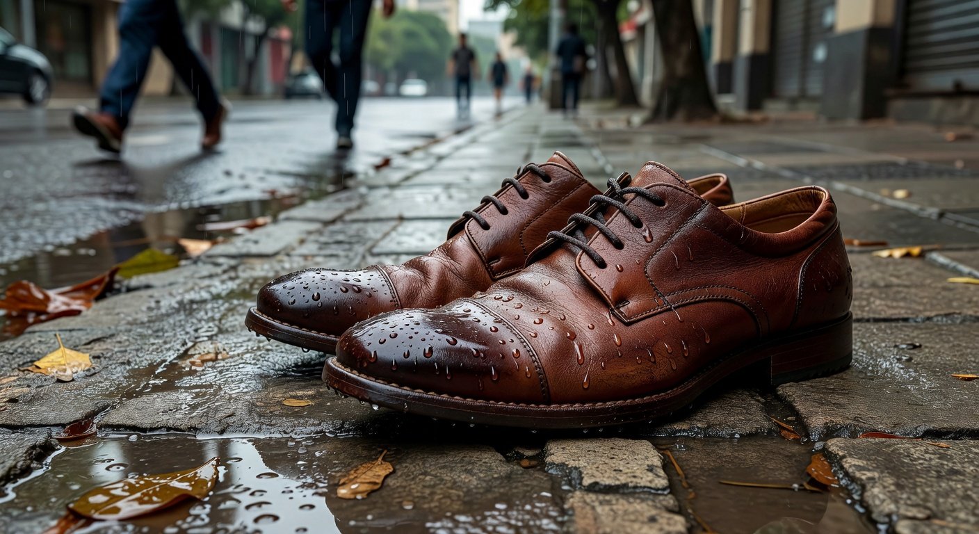 Chaussures en cuir brun mouillées par la pluie sur un trottoir